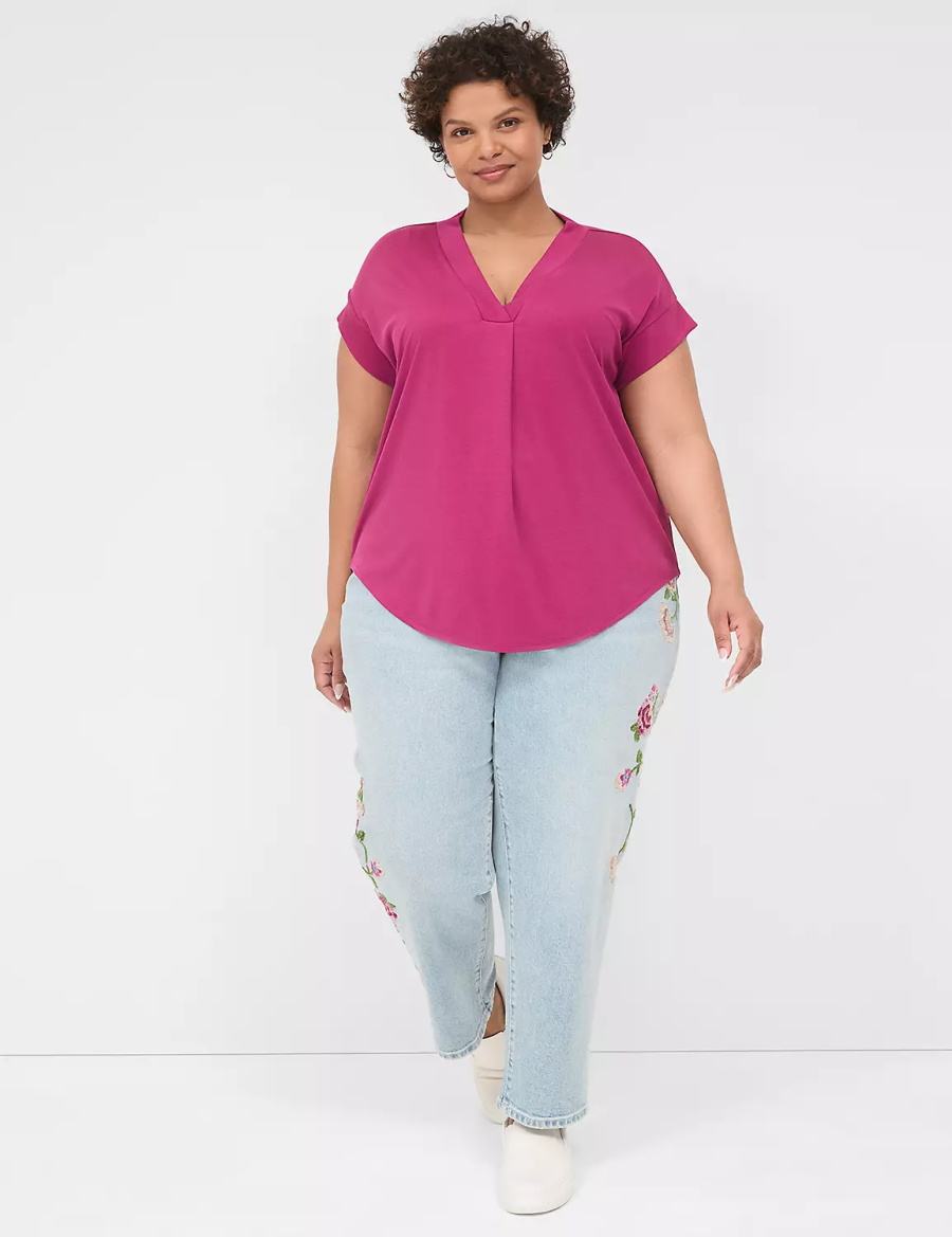 Women Lane Bryant Cap-Sleeve V-Neck Pleat-Front Top T Shirts Purple | HNU6758AX