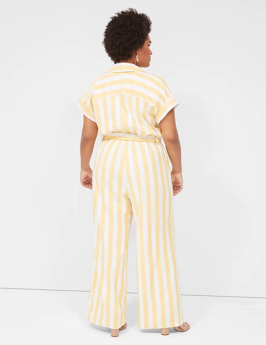 Women Lane Bryant Cap-Sleeve Y-Neck Utility Jumpsuit Yellow Stripes | LTR8838SL