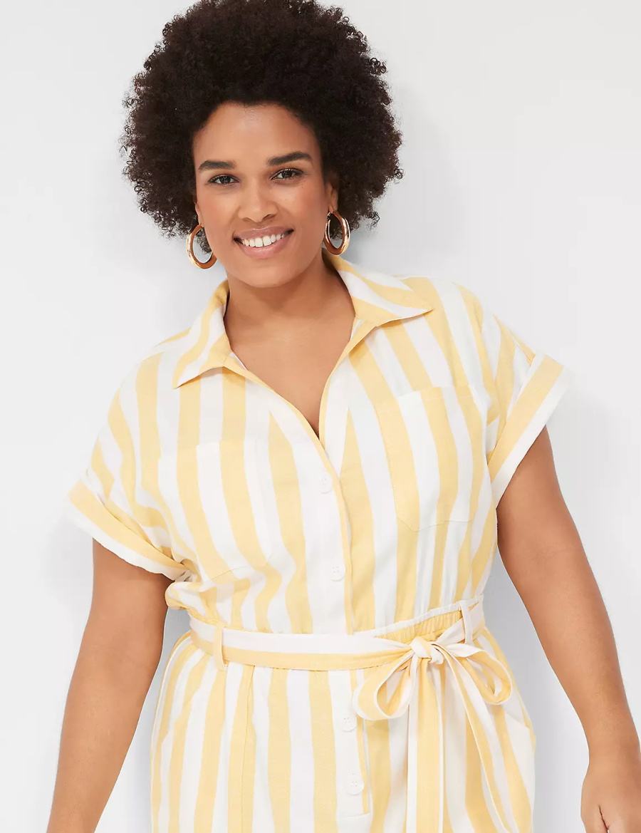 Women Lane Bryant Cap-Sleeve Y-Neck Utility Jumpsuit Yellow Stripes | LTR8838SL