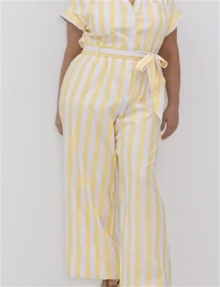 Women Lane Bryant Cap-Sleeve Y-Neck Utility Jumpsuit Yellow Stripes | LTR8838SL