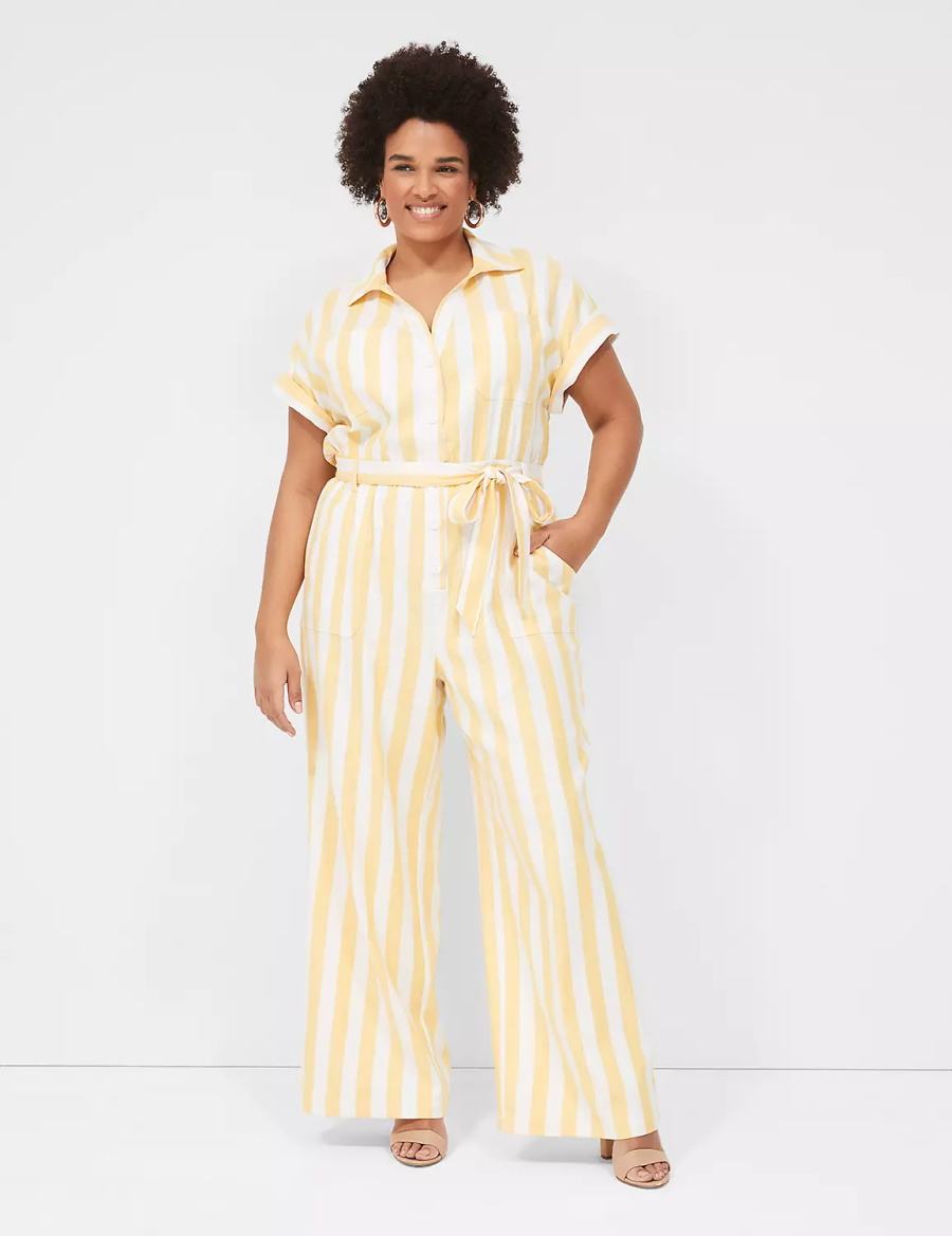 Women Lane Bryant Cap-Sleeve Y-Neck Utility Jumpsuit Yellow Stripes | LTR8838SL