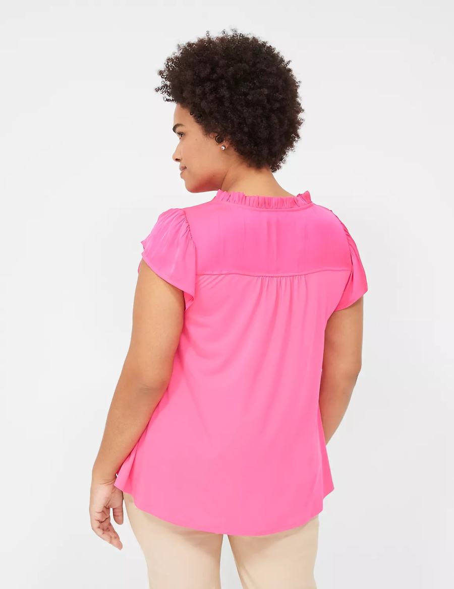 Women Lane Bryant Cap Flutter-Sleeve Satin & Knit Top T Shirts Pink | FWK2862CQ