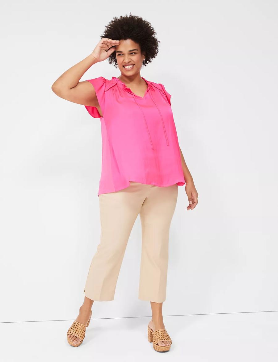 Women Lane Bryant Cap Flutter-Sleeve Satin & Knit Top T Shirts Pink | FWK2862CQ