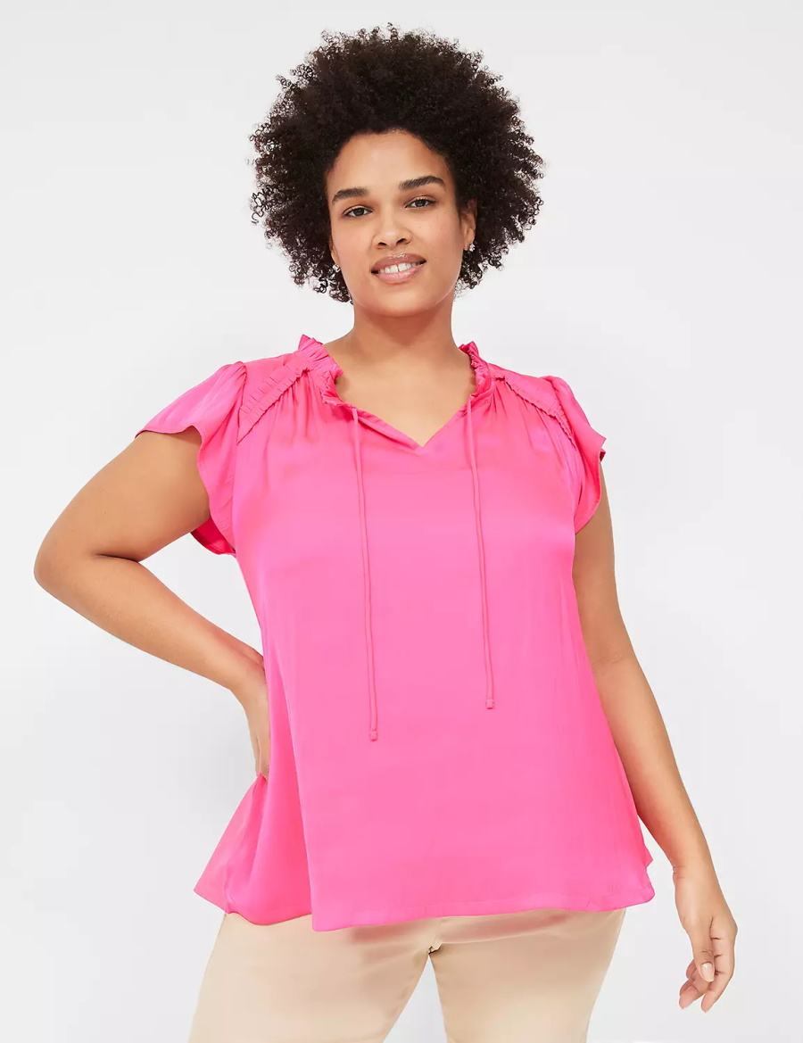 Women Lane Bryant Cap Flutter-Sleeve Satin & Knit Top T Shirts Pink | FWK2862CQ