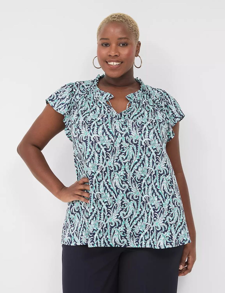 Women Lane Bryant Cap Flutter-Sleeve Satin & Knit Top T Shirts Navy | MYJ4167DM