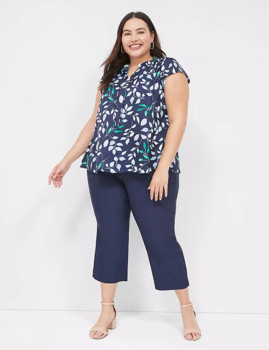 Women Lane Bryant Cap Flutter-Sleeve Satin & Knit Top T Shirts Navy | NFI7966XY