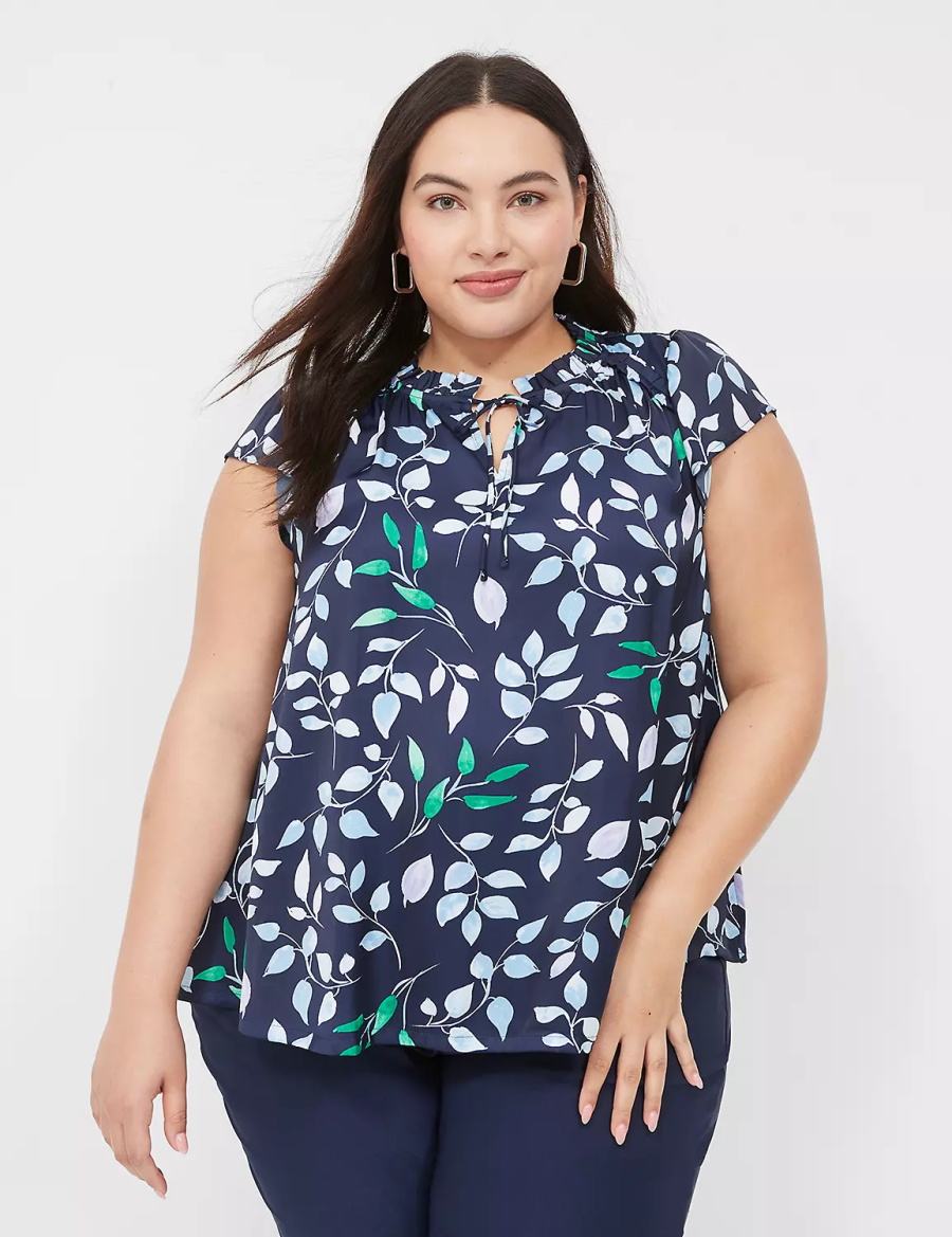 Women Lane Bryant Cap Flutter-Sleeve Satin & Knit Top T Shirts Navy | NFI7966XY