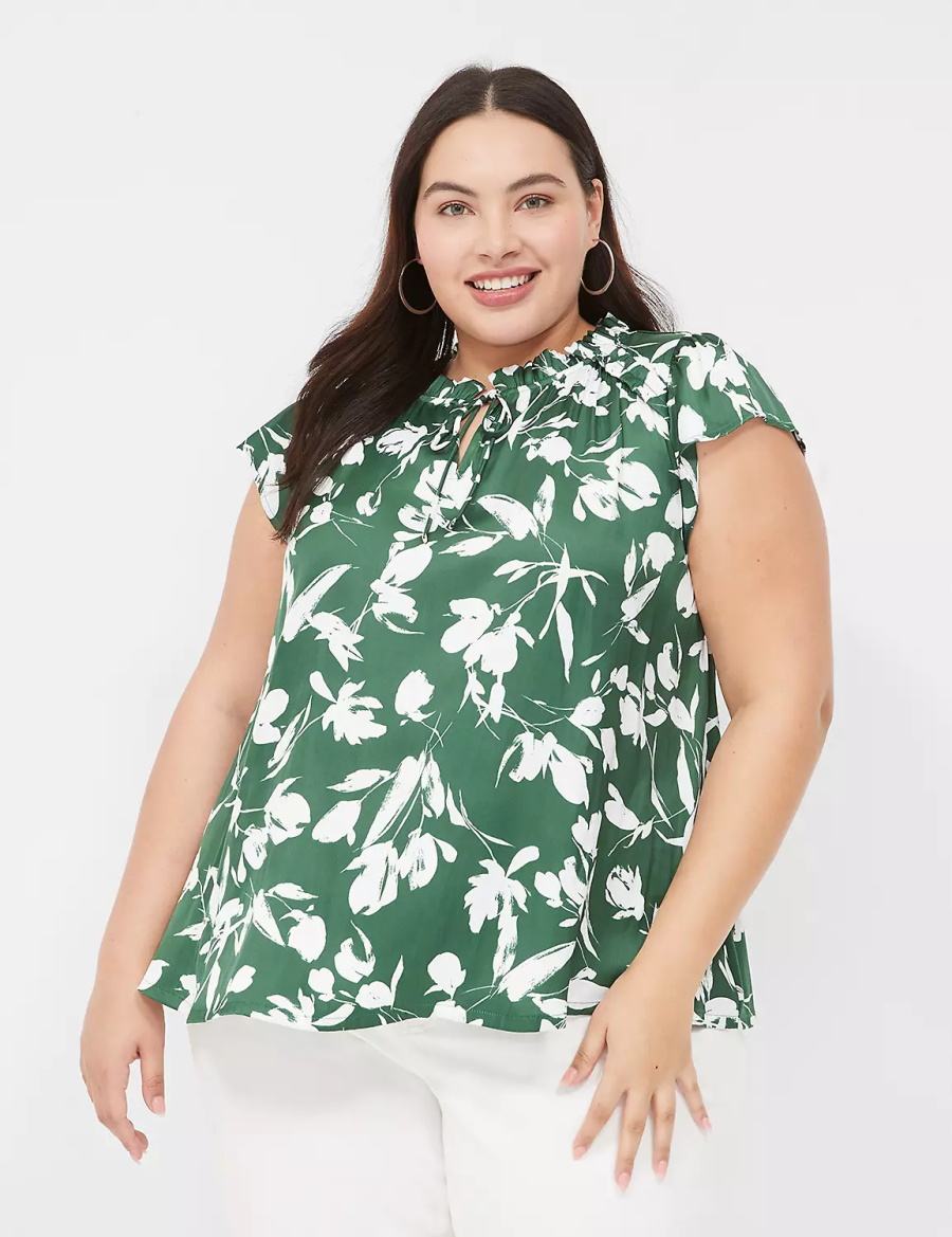 Women Lane Bryant Cap Flutter-Sleeve Satin & Knit Top T Shirts Green | VWZ7670VO