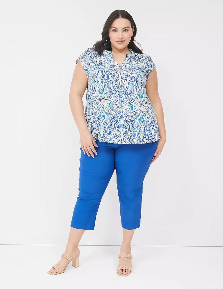 Women Lane Bryant Cap Flutter-Sleeve Satin & Knit Top T Shirts Blue | NLZ8286RR