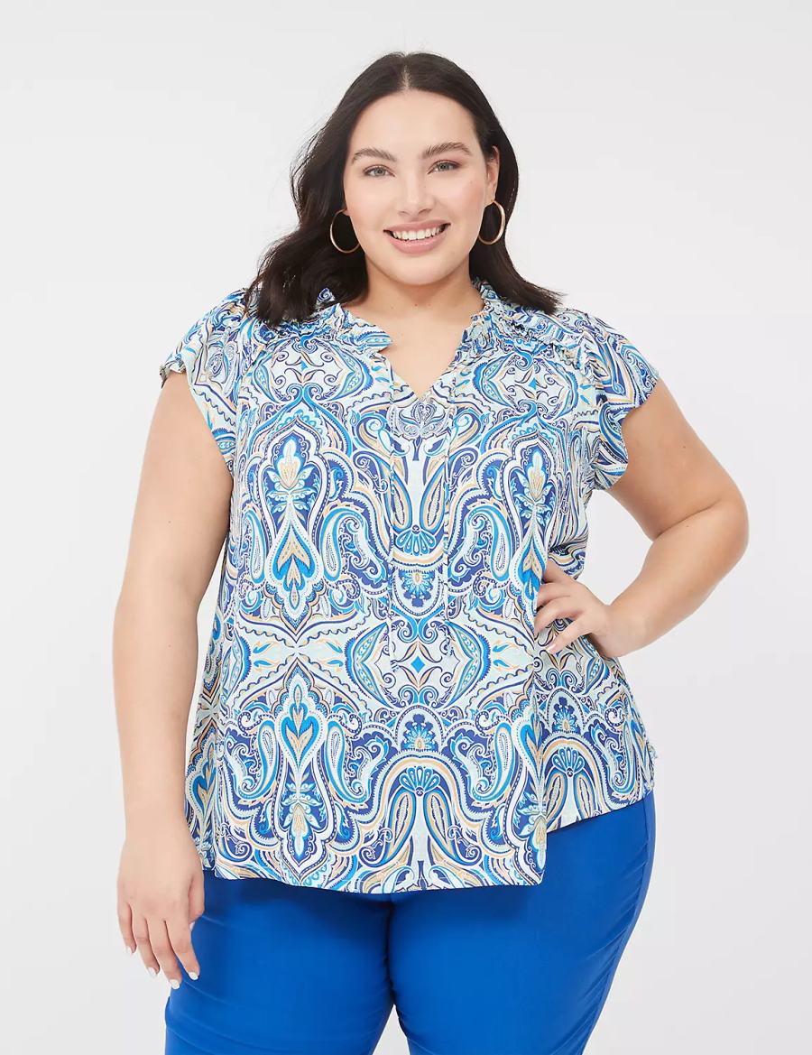 Women Lane Bryant Cap Flutter-Sleeve Satin & Knit Top T Shirts Blue | NLZ8286RR