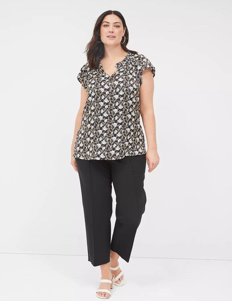 Women Lane Bryant Cap Flutter-Sleeve Satin & Knit Top T Shirts Black | SAI5094AP