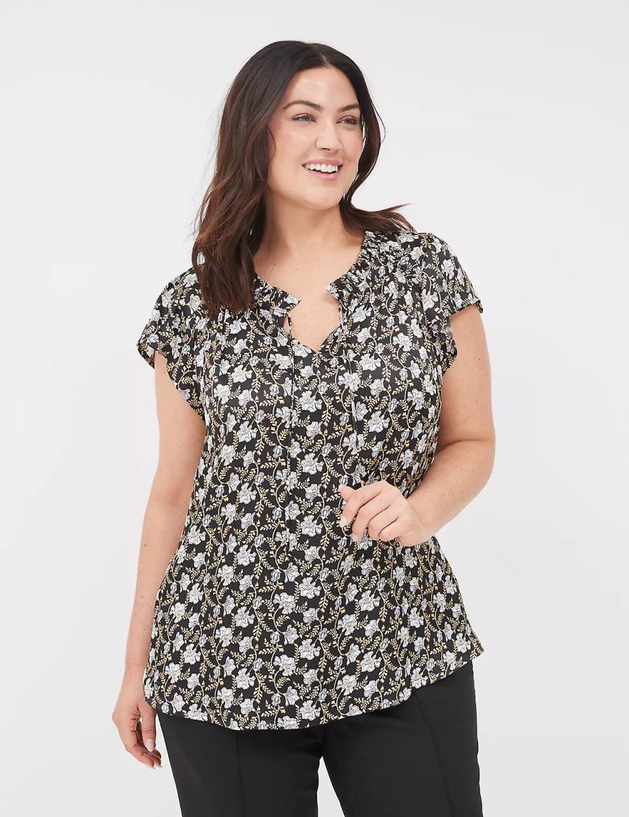 Women Lane Bryant Cap Flutter-Sleeve Satin & Knit Top T Shirts Black | SAI5094AP