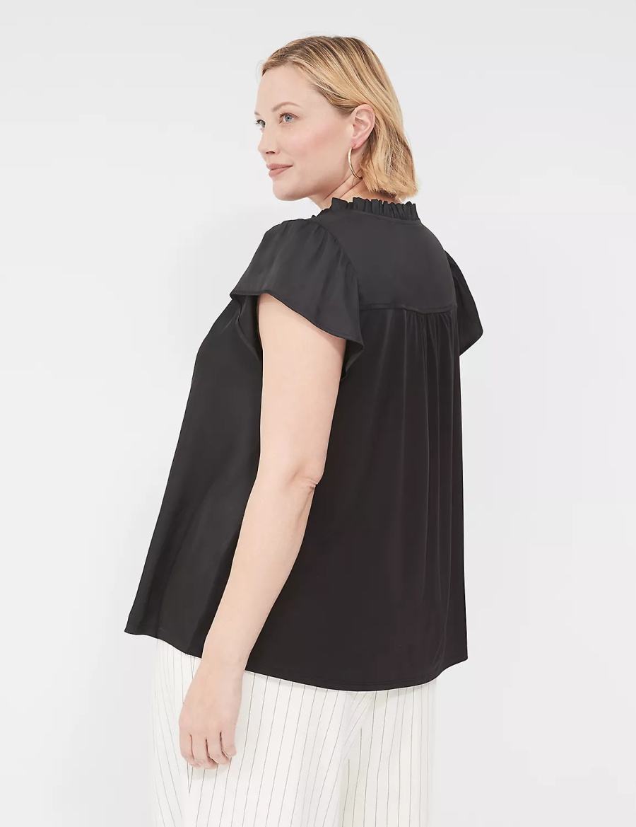 Women Lane Bryant Cap Flutter-Sleeve Satin & Knit Top T Shirts Black | TBK244ID