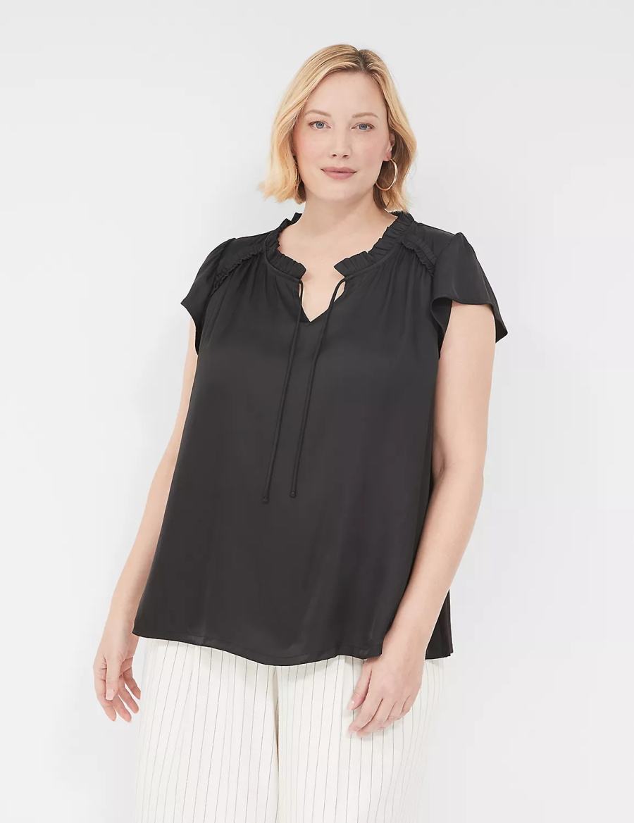 Women Lane Bryant Cap Flutter-Sleeve Satin & Knit Top T Shirts Black | TBK244ID