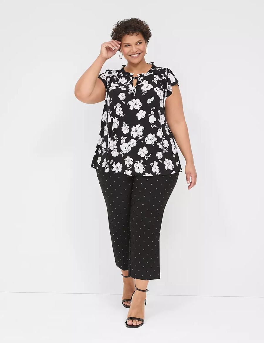 Women Lane Bryant Cap Flutter-Sleeve Top T Shirts Black White | IDD9995LN