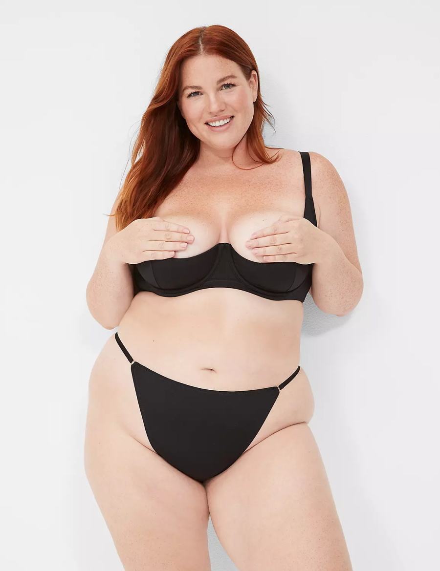 Women Lane Bryant Chain Embellished Thong Panty Black | VBR732RF