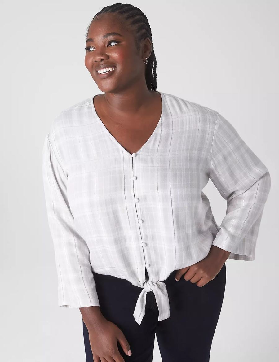 Women Lane Bryant Classic Button-Down Tie-Hem Top Shirts White | WLB3099XR