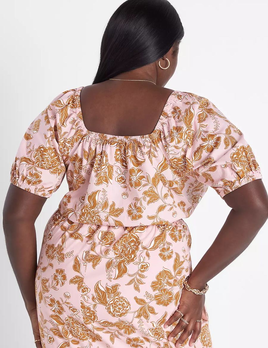 Women Lane Bryant Classic Crop Square-Neck Puff-Sleeve Top T Shirts Orange Multicolor | HLA3028AJ