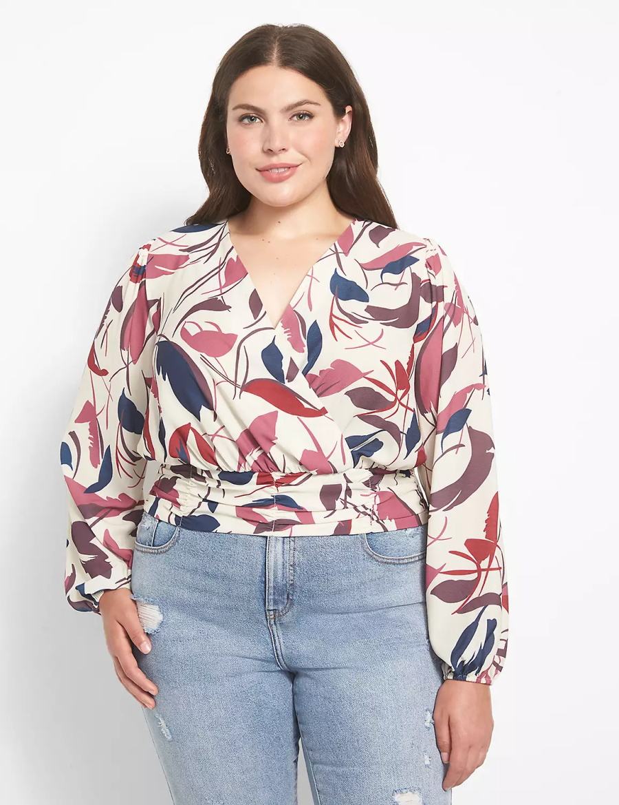 Women Lane Bryant Classic Long-Sleeve Surplice-Neck Shirred-Waist Crop Blouse White Multicolor | XHJ7074ZL