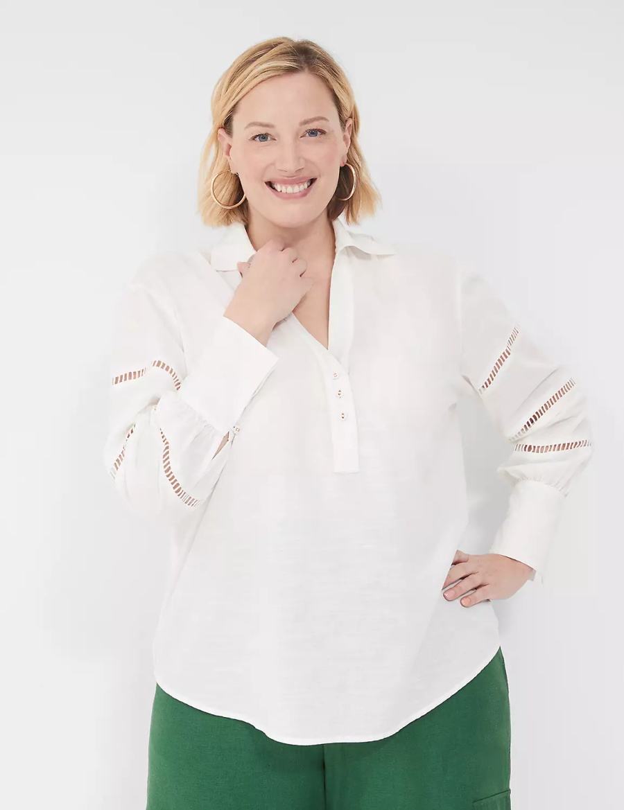 Women Lane Bryant Collar Split-Neck Popover Blouse White | OAY3677KT