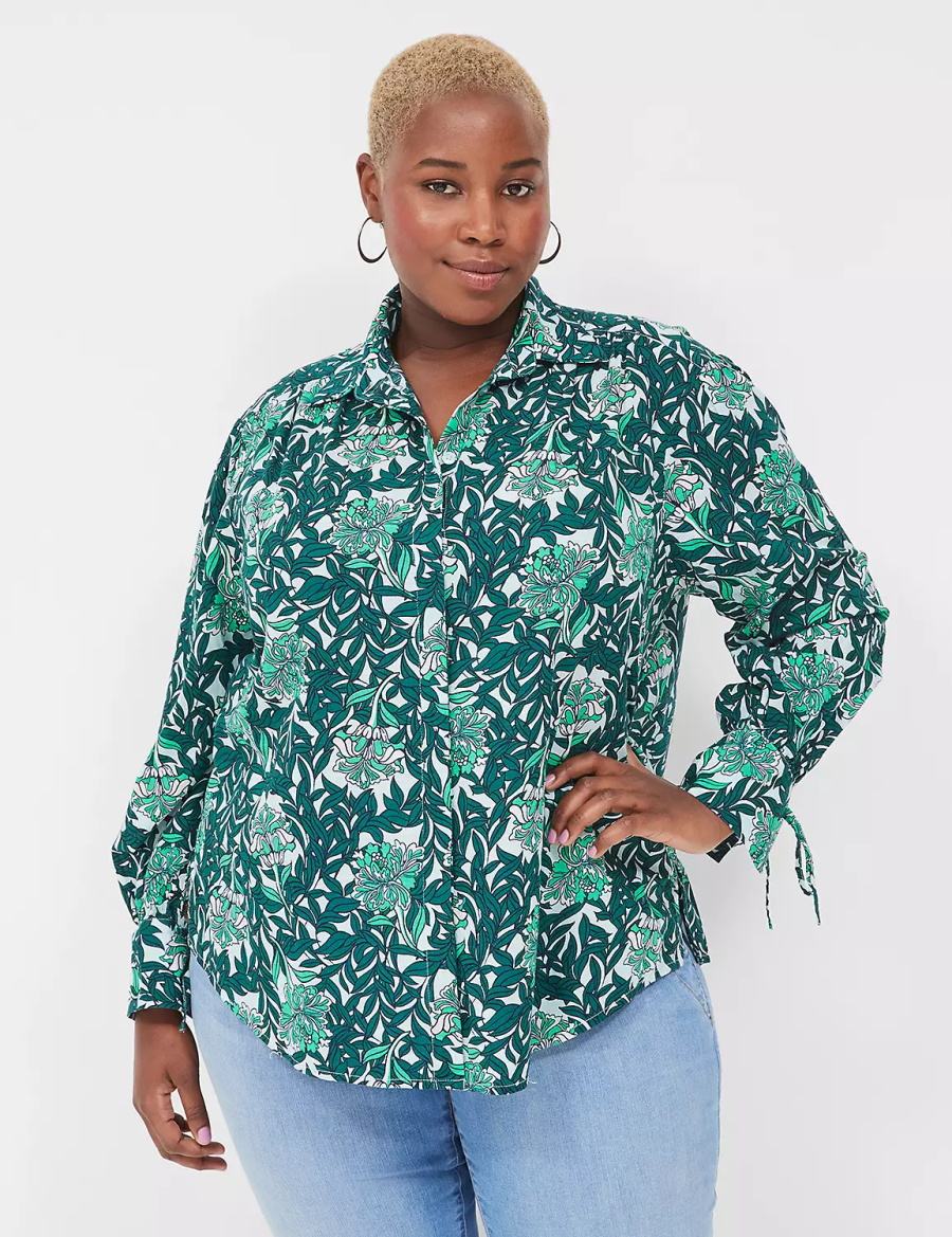 Women Lane Bryant Collared Button-Front Tie-Cuff Blouse Green Multicolor | DUN5177VB