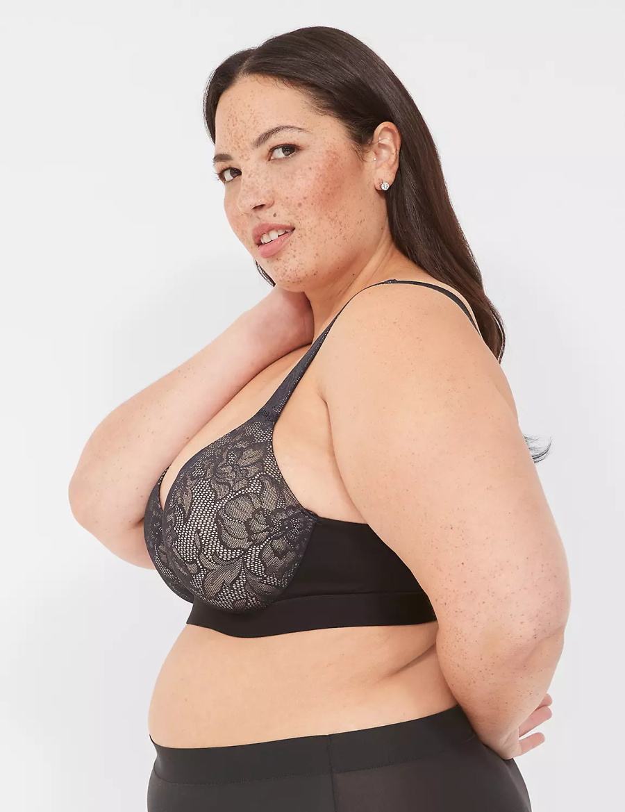 Women Lane Bryant Comfort Bliss Lightly Lined Plunge With Lace Bralettes Black | AXI5136EL