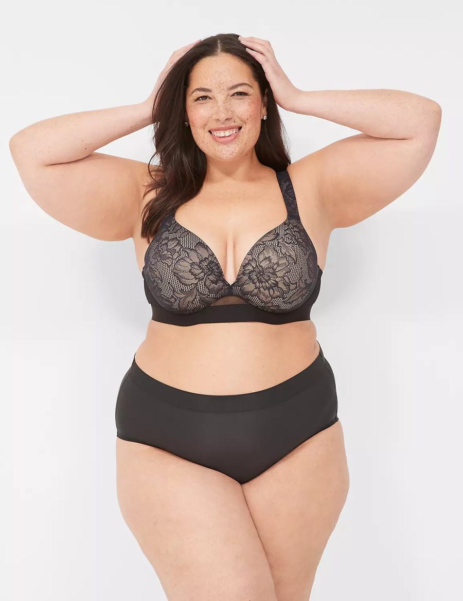 Women Lane Bryant Comfort Bliss Lightly Lined Plunge With Lace Bralettes Black | AXI5136EL