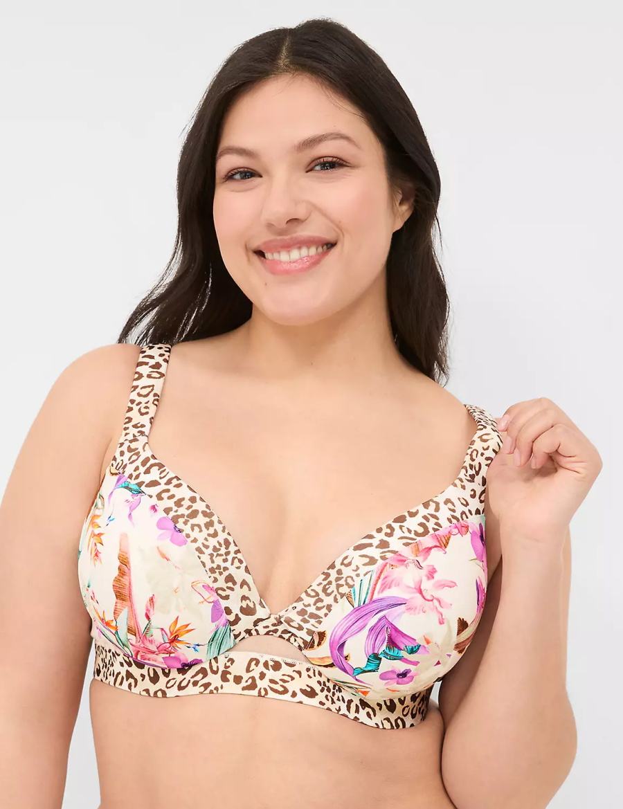 Women Lane Bryant Comfort Bliss Lightly Lined Plunge Bralettes White Multicolor | IBM4028KZ