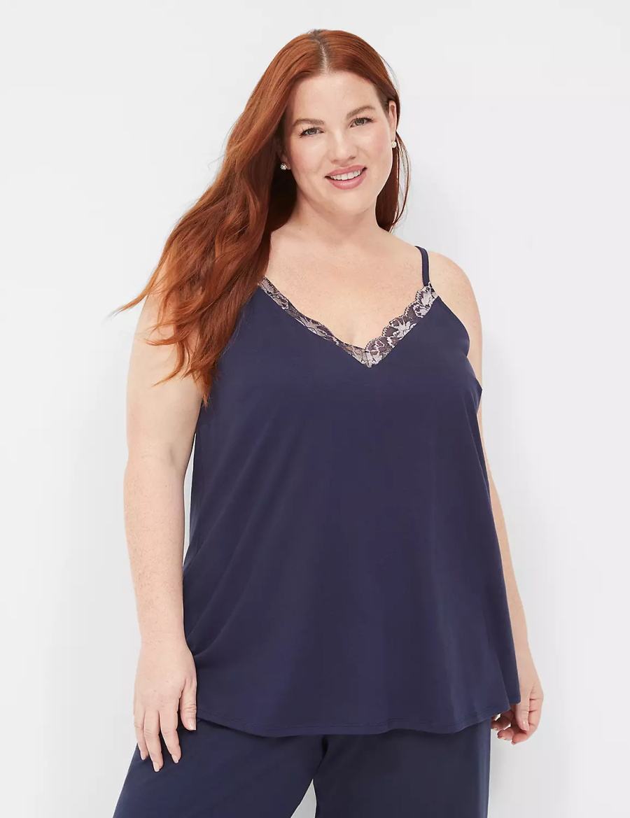 Women Lane Bryant Comfy Cotton Lace-Trim Cami Tanks Blue | VUU7877JF