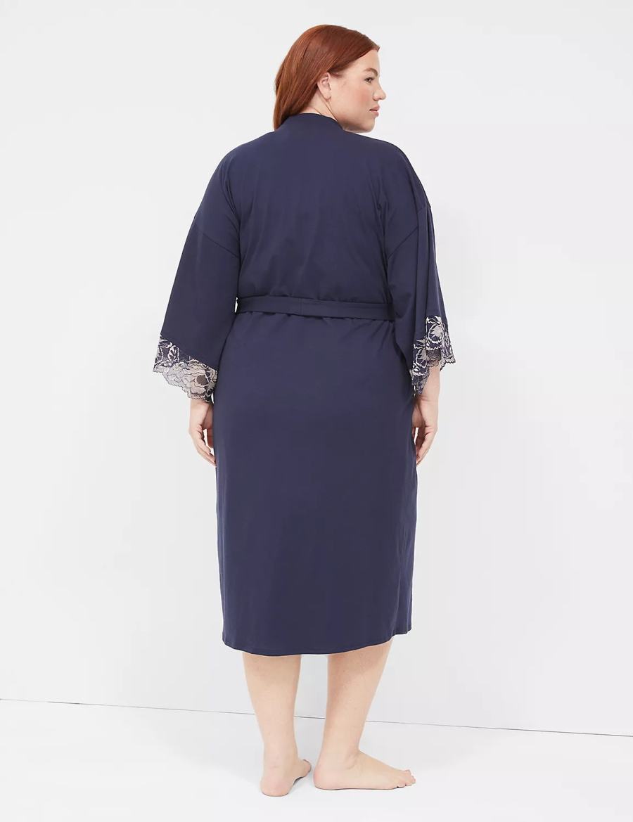 Women Lane Bryant Comfy Cotton Lace-Trim Midi Robe Blue | UBD139RJ