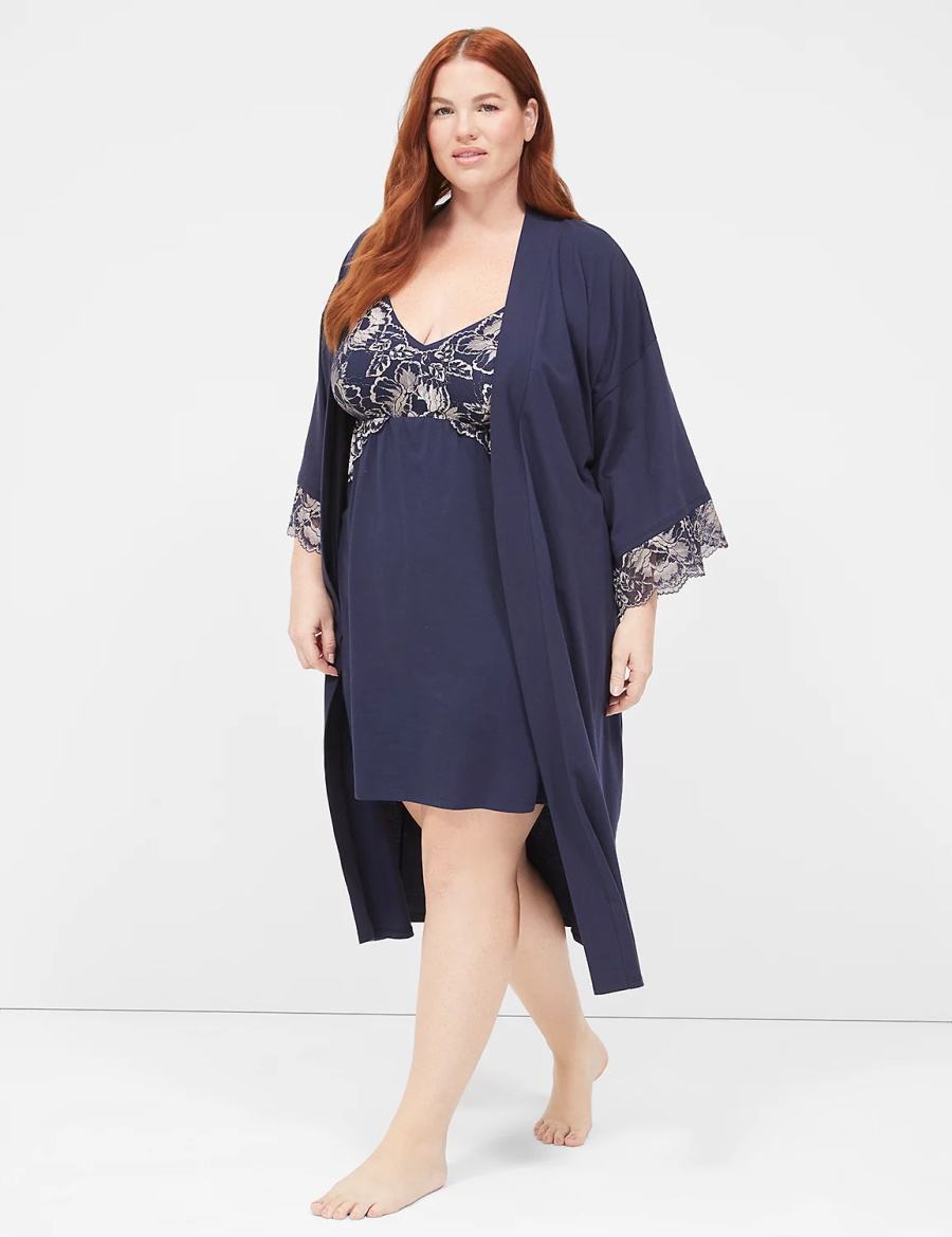 Women Lane Bryant Comfy Cotton Lace-Trim Midi Robe Blue | UBD139RJ