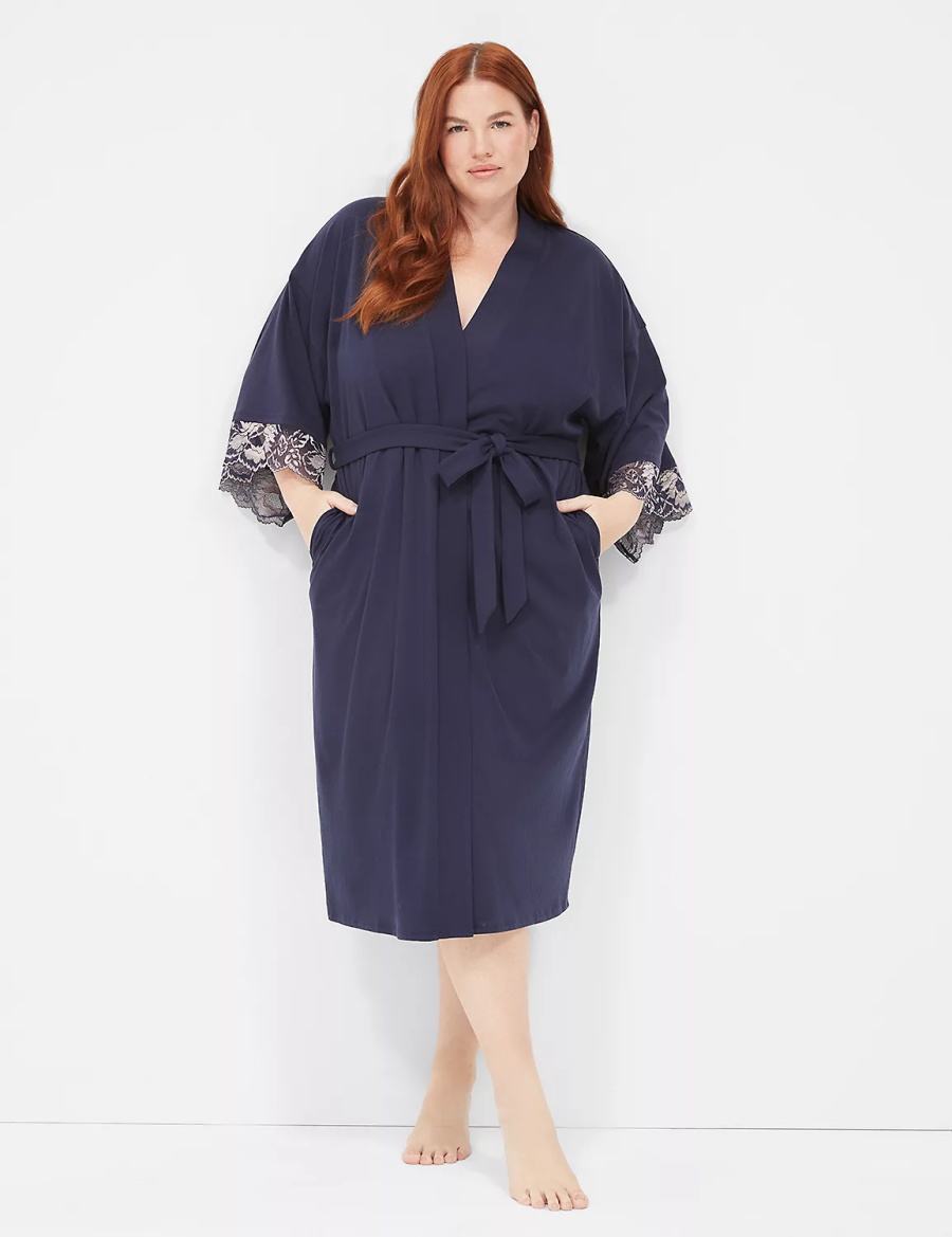 Women Lane Bryant Comfy Cotton Lace-Trim Midi Robe Blue | UBD139RJ