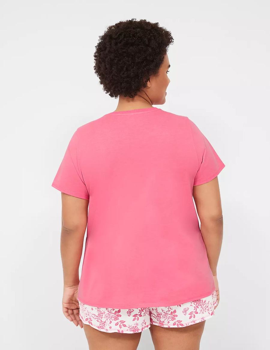 Women Lane Bryant Comfy Cotton Rib-Trim Tee & Short PJ Set Pajamas Pink White | JJX8152CW