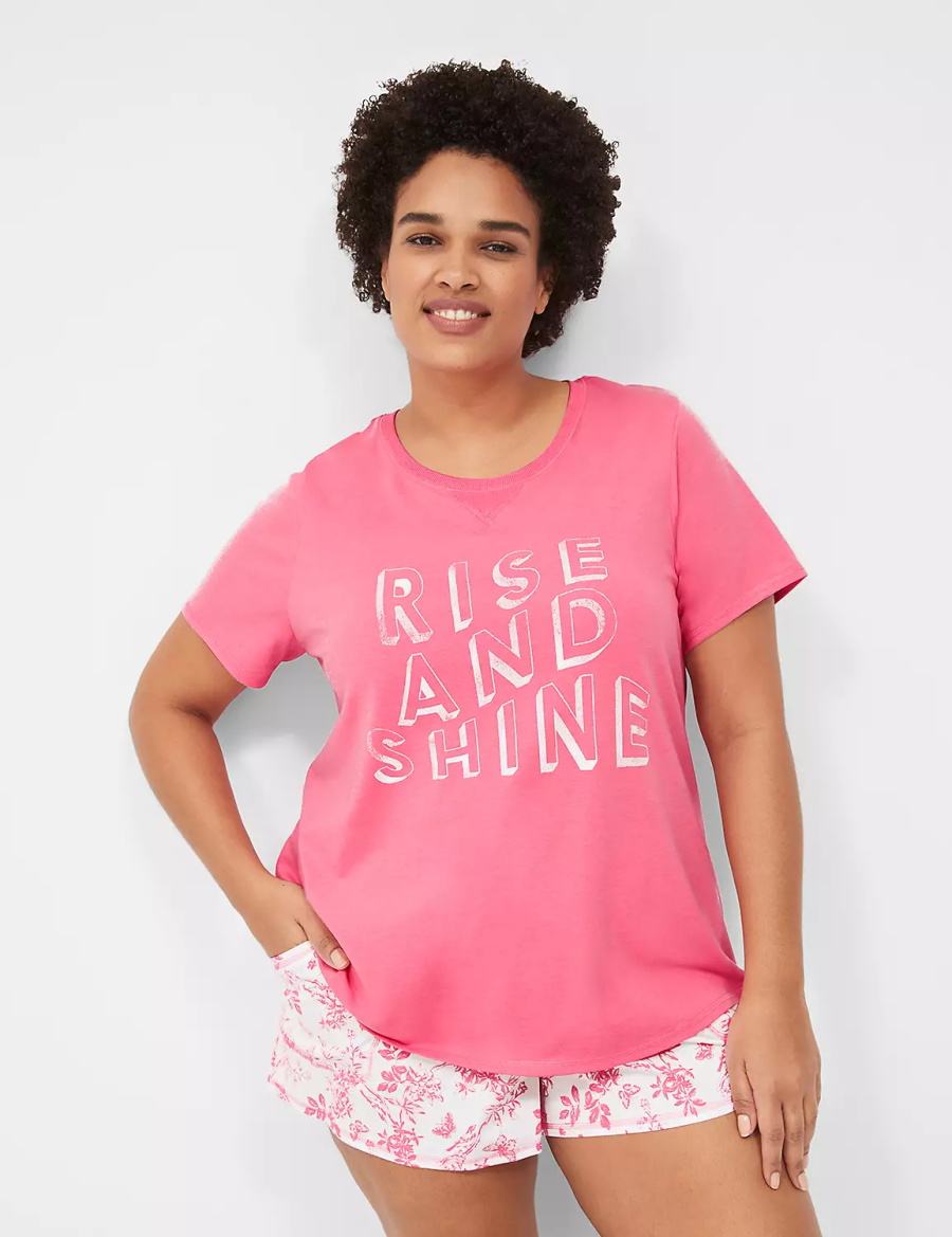 Women Lane Bryant Comfy Cotton Rib-Trim Tee & Short PJ Set Pajamas Pink White | JJX8152CW