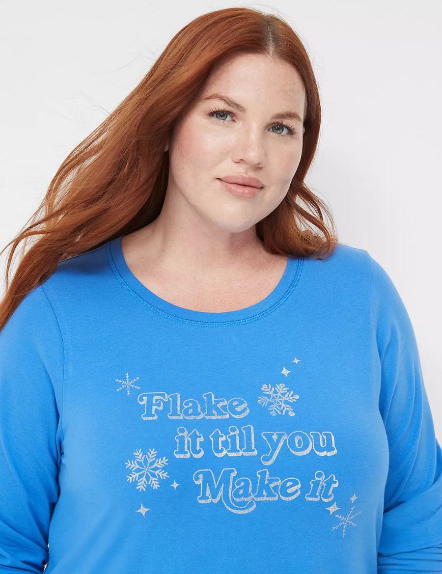 Women Lane Bryant Comfy Cotton Shirt & Pant PJ Set Pajamas Blue Multicolor | VXJ6496QD