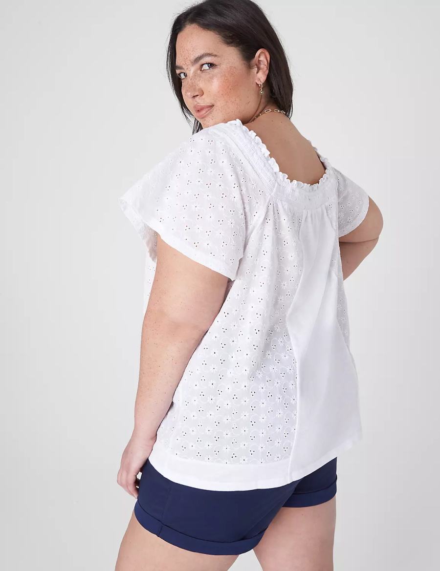 Women Lane Bryant Convertible Eyelet Woven & Knit Top T Shirts White | QXO5985RX