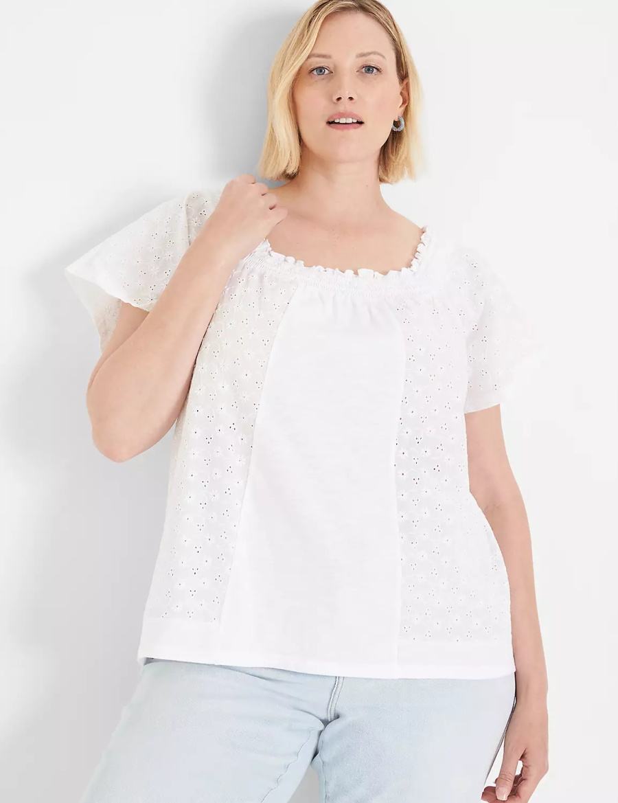 Women Lane Bryant Convertible Eyelet Woven & Knit Top T Shirts White | QXO5985RX