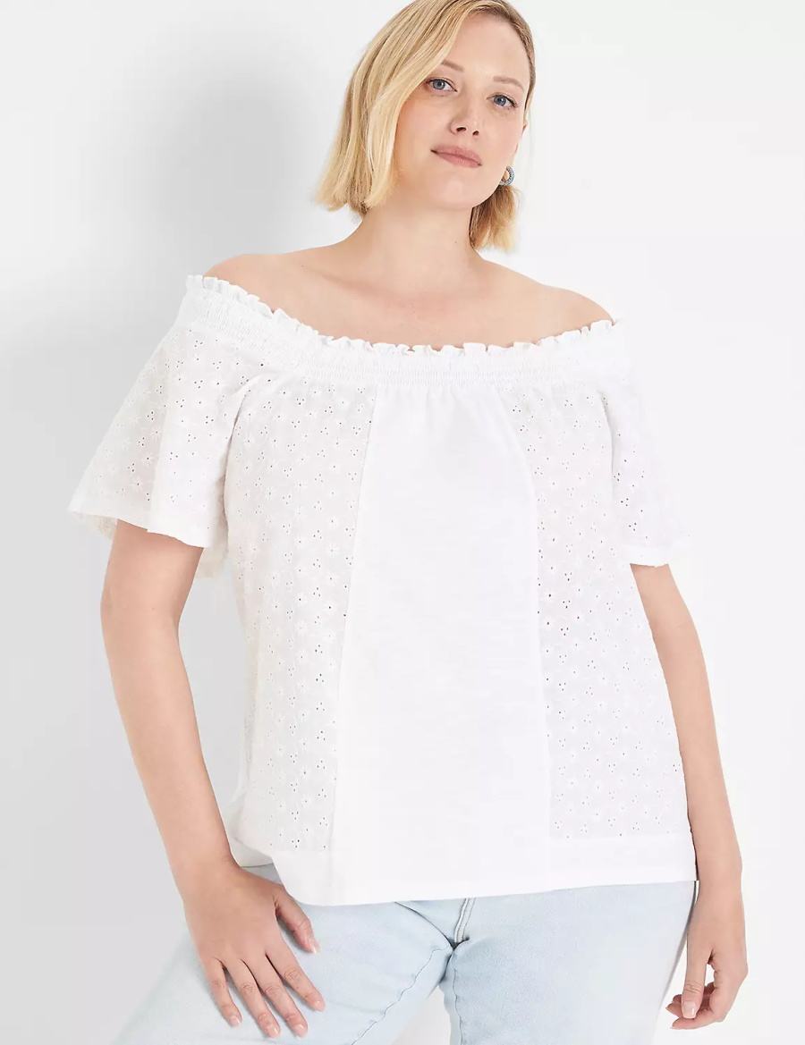 Women Lane Bryant Convertible Eyelet Woven & Knit Top T Shirts White | QXO5985RX