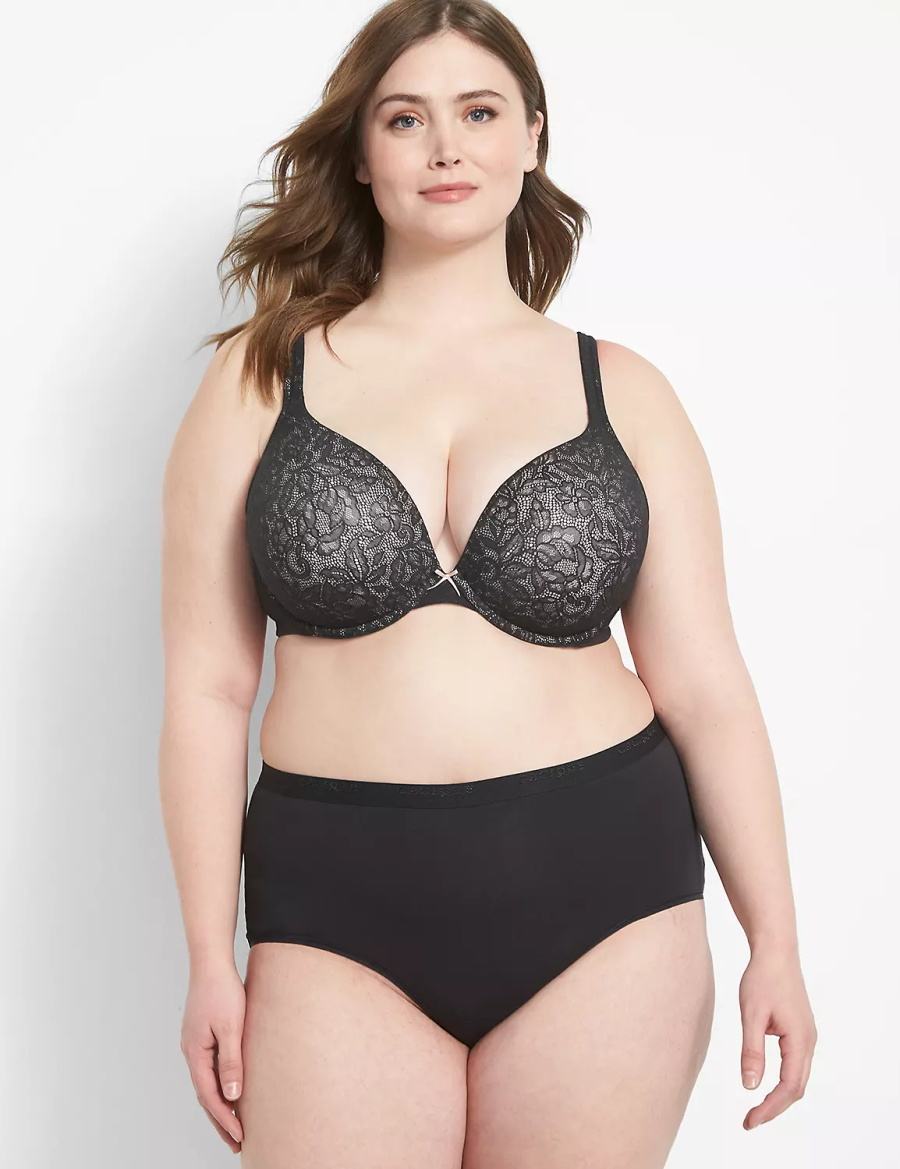 Women Lane Bryant Cotton Boost Plunge With Lace Bralettes Black | PWZ1746LR