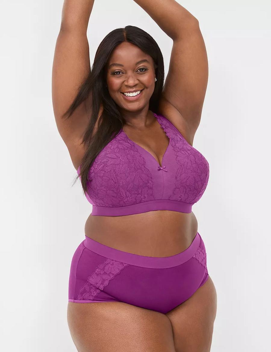 Women Lane Bryant Cotton Full With Lace Trim Briefs Purple | ZOH10073JV