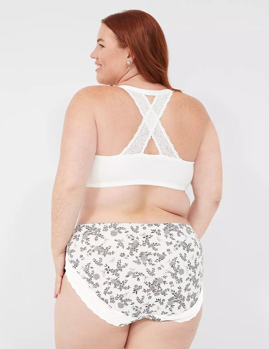 Women Lane Bryant Cotton High-Leg With Lace Back Briefs White Rose | IZM891LV