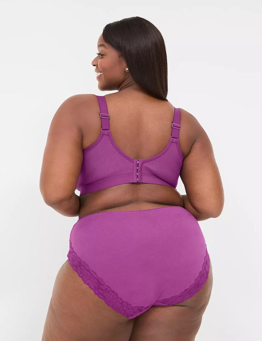 Women Lane Bryant Cotton High-Leg With Lace Back Briefs Purple | UKI323XY