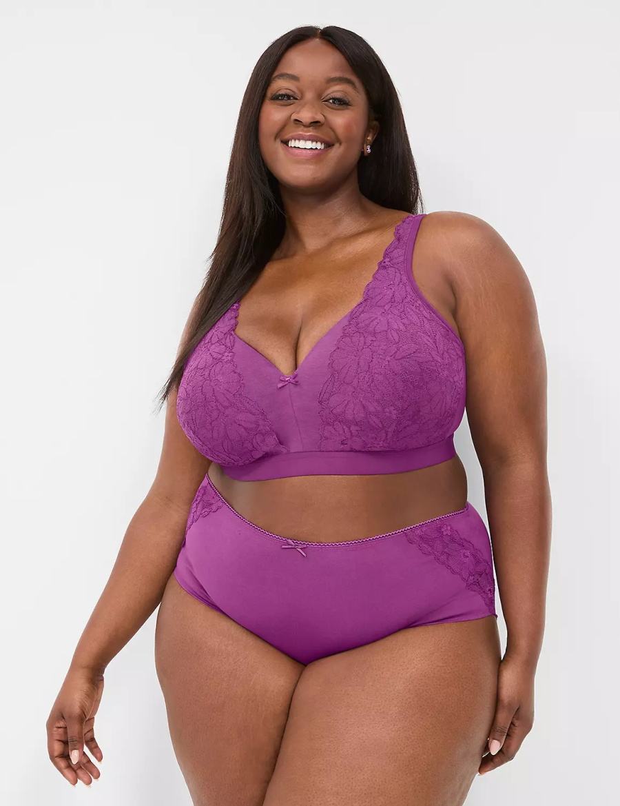 Women Lane Bryant Cotton High-Leg With Lace Back Briefs Purple | UKI323XY