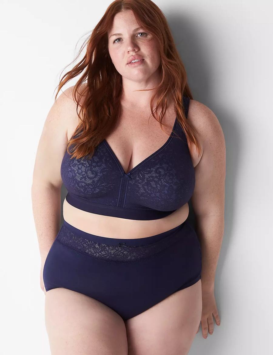 Women Lane Bryant Cotton High-Leg With Lace Waist Briefs Blue | EJW7393BO