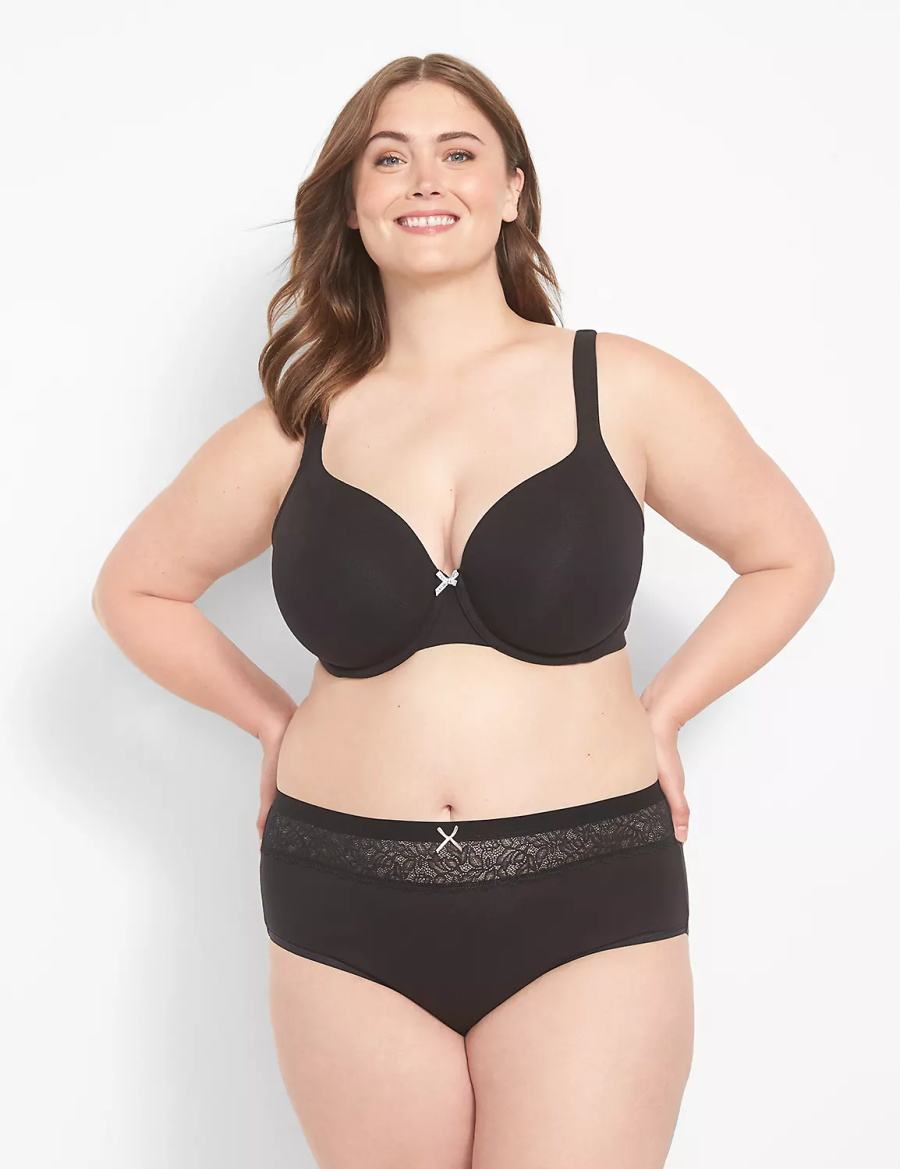 Women Lane Bryant Cotton High-Leg With Lace Waist Briefs Black | UUT784PH