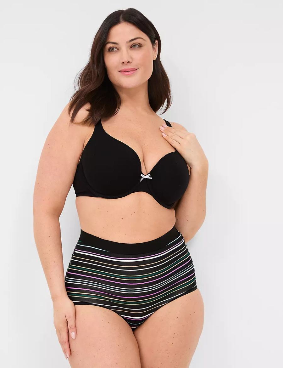 Women Lane Bryant Cotton High-Waist With Wide Waistband Briefs Black Stripes | KZB8723PU