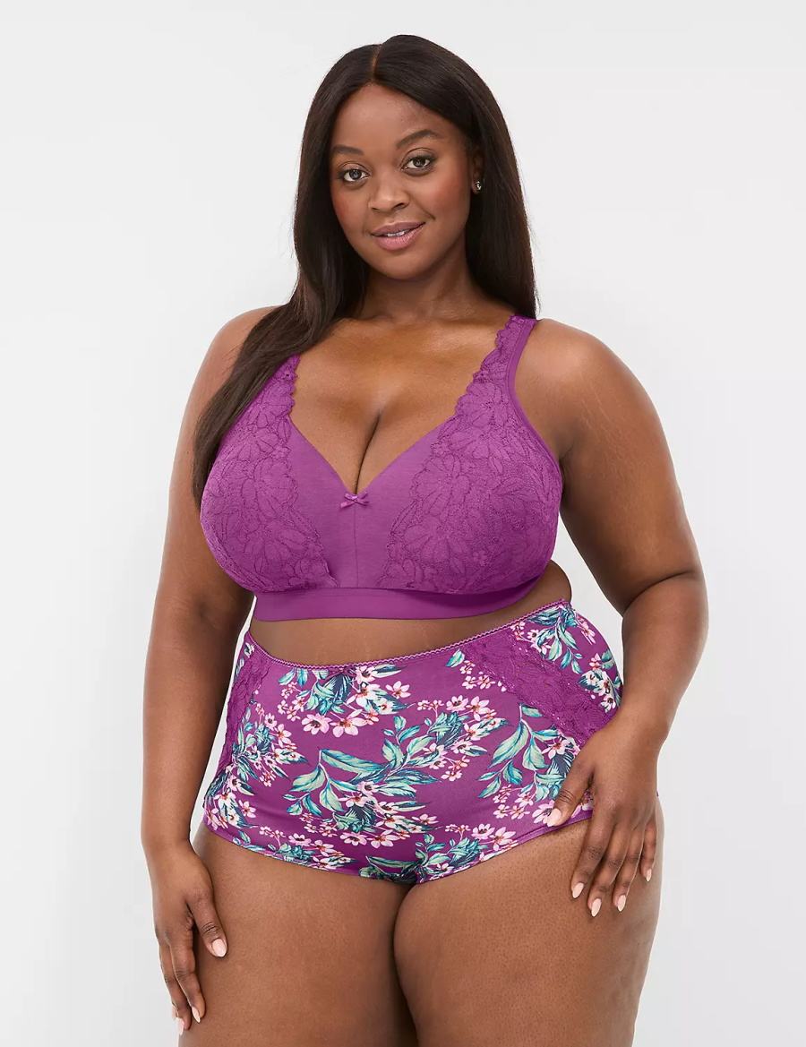 Women Lane Bryant Cotton High-Waist With Lace Back Briefs Purple | VAZ9292MZ