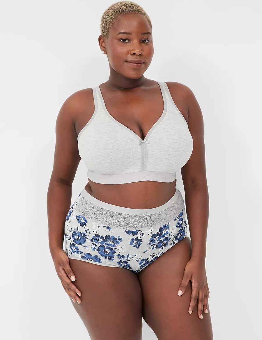 Women Lane Bryant Cotton High-Waist With Lace Waist Briefs Blue Grey | TPR9864LQ