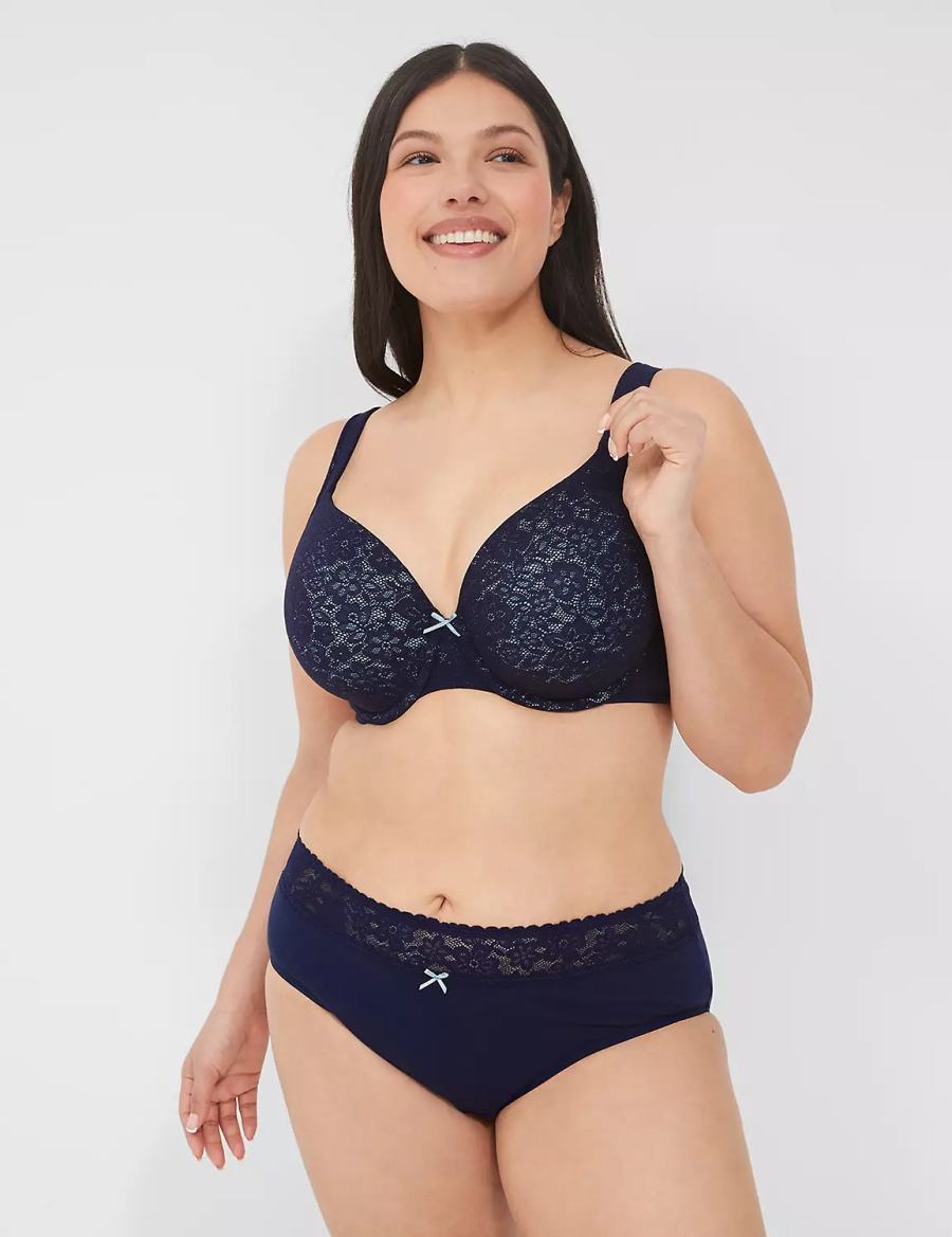 Women Lane Bryant Cotton Lightly Lined Full Coverage With Lace Bralettes Blue | PMZ286PU