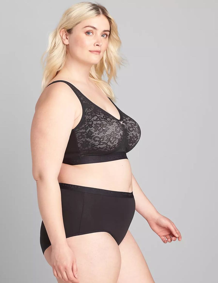 Women Lane Bryant Cotton No-Wire with Lace Unlined Bra Black | CGB6127CL